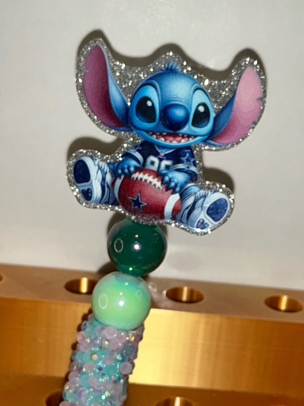 Cute Blue Stitch Beaded Pen with Football Accent
